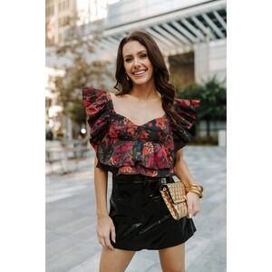 Buddy Love Floral Ruffle Crop Top - Red and Black